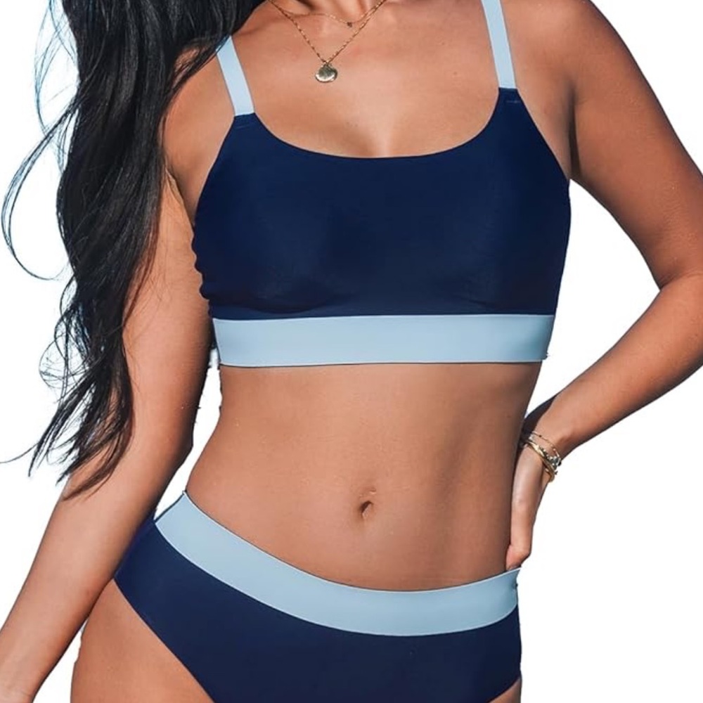 NWT Cupshe Ola de Verano Banded Mid-Rise  Navy and Light Blue Bikini Set